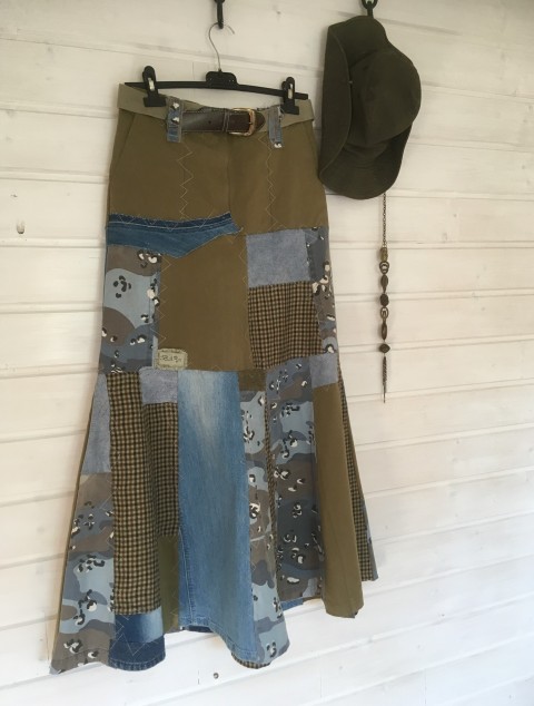 sukně modro – khaki a pepito zima podzim patchwork batika maxi jaro sukně úplet khaki originál dlouhá káro kombinovaná denim džíny rifle norský vzor sešívaná maskáče kapse roztřepený 