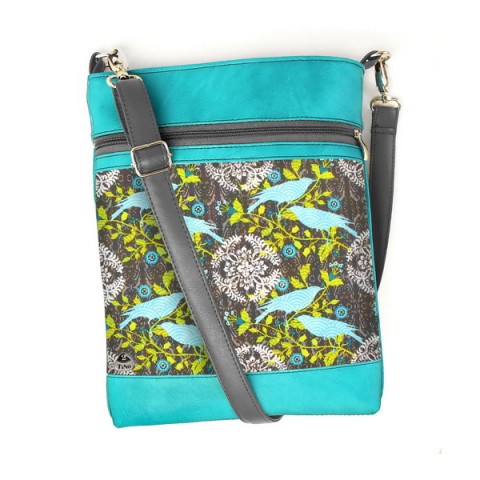 Kabelka Daisy No.27 kabelka květy ornament barevná tyrkysová šitá satén ptáčci zip popruh crossbody gemmis 