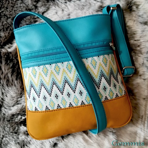 Kabelka Janette No.163 kabelka žlutá tyrkysová čtverečky šitá zip popruh crossbody gemmis mandaly 