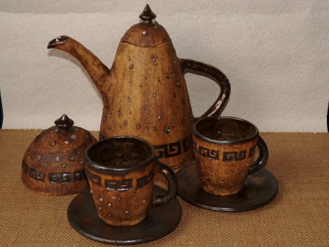 Doba bronzová-souprava hrnek čaj káva souprava hrníček konvice cukr cukřenka 