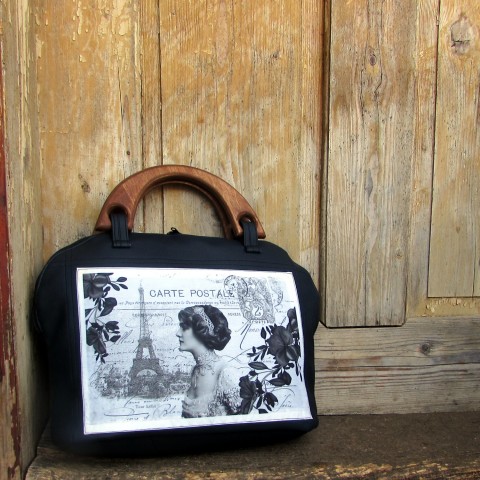 Kabelka retro pohlednice kabelka originální taška dívčí elegantní bílá černá dáma retro černobílá prostorná pohlednice kufříková 