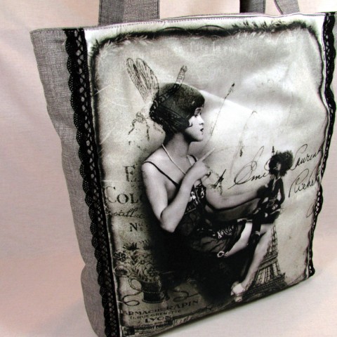Nákupka retro kabelka originální taška černá šedá retro krajka nákupní pinokio 