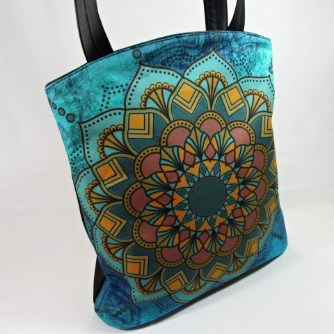 kabelka s mandalou kabelka originální dárek doplněk taška květy elegantní černá květ tyrkysová prostorná mandala koženková 