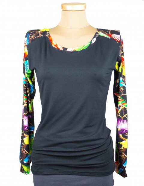 černé triko s barevným vzorem tunika halenka elegantní triko top tričko delší 