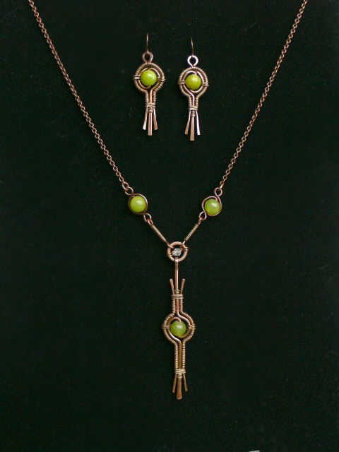 Svazek náhrdelník zelený elegantní měď secese městský nefrit wire wrapping náušnice. náhrdelník 