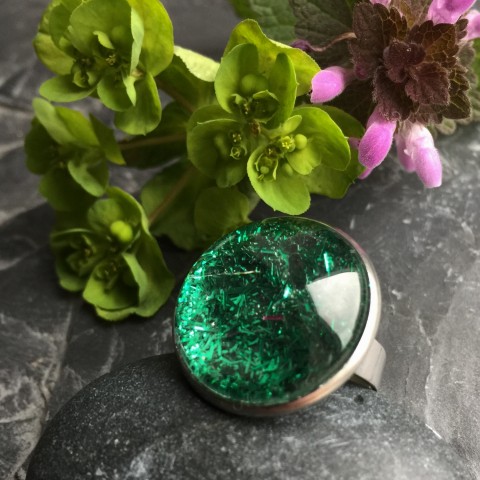 Zelené třpytky - prsten S.Steel elegantní třpytky lesklý nerez steel 