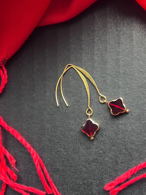 Čtyřlístkové náušnice - S.Steel sklo nerez ocel rubínová čtyřlístek pozlacená 