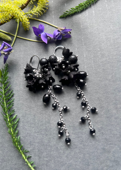 Černé zvonečkové náušnice korálky řetízek nerez ocel zvonečky steel 