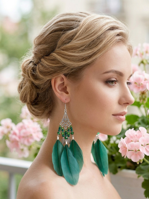 Peříčkové zelené náušnice léto extravagantní nerez ocel festival dovolená peří peříčka sváteční na ples do divadla 