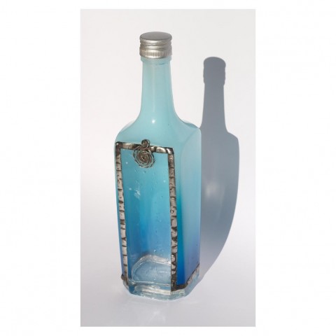 Lahev modrá sklo lahev dekorovaná 