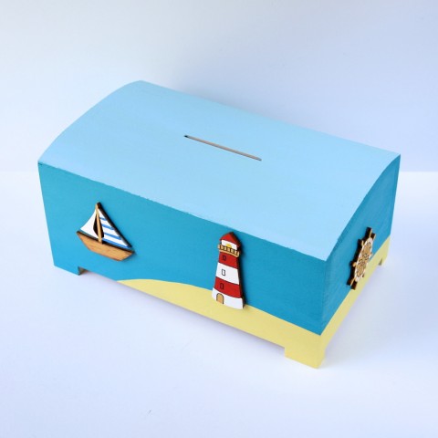 Pokladnička námořnická velká dárek dětské dětská pokladnička kasička kotva maják plachetnice námořnická námořník pro děti pro kluky na penízky pro kluka 