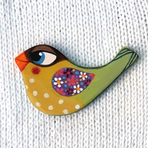 Pipi brož - zelená brož malované originální ptáček puntíky sako kabát ptáčínek 