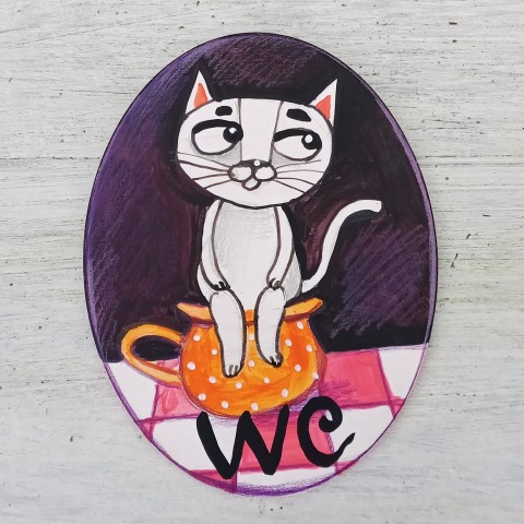 Cedulka na dveře malované cedulka wc nočník kočka originál 