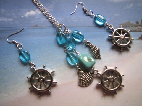 Set - Mořský svět šperk náhrdelník šperky moře náušnice modrá sada řetízek tyrkysová bižuterie stříbrná náhrdelníky kormidlo komplet set 