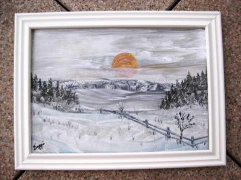 Zima na Vysočině zima obraz jinovatka malování horkým voskem žehlička 