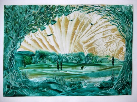 Na břehu rybníka obraz krajina malování horkým voskem žehlička 