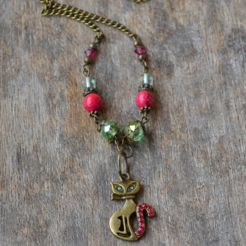 náhrdelník - kočka náhrdelník zelená růžová kočka kočička kotě bronzový satony 