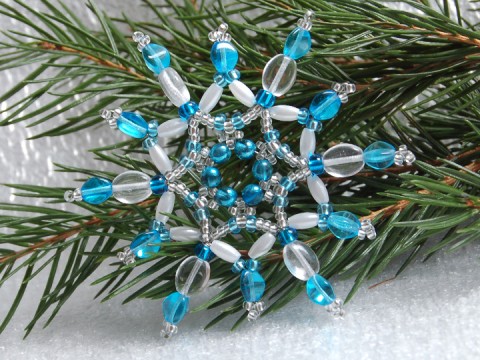 Hvězda - stříbrná/modrá VAN 34 dekorace originální korálky modrá vánoce sklo bílá vánoční hvězda ozdoba stříbrná třpytivá rokajl čirá vločka tvarovky 