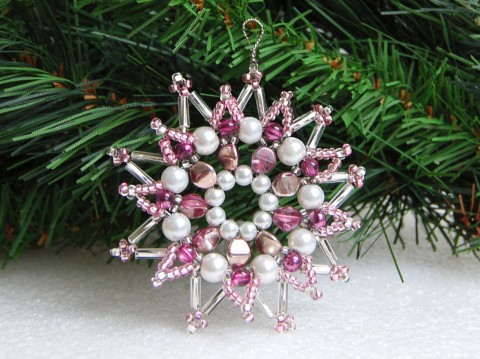 Vánoční hvězda - VAN73 dekorace originální korálky vánoce sklo růžová bílá vánoční hvězda ozdoba stříbrná třpytivá rokajl čirá vločka tvarovky 