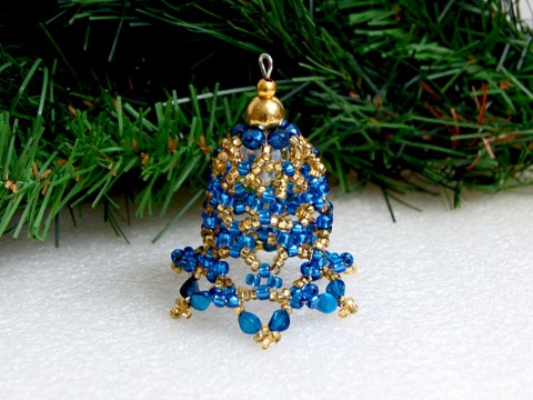 Zvoneček 3D - VAN90 dekorace originální korálky modrá vánoce sklo zlatá vánoční zvoneček zvonek ozdoba nerez rokajl jemný třpytivý 
