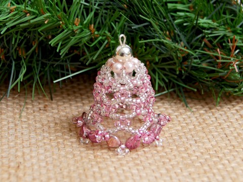 Zvoneček 3D - VAN91 dekorace originální korálky vánoce sklo růžová vánoční zvoneček zvonek ozdoba nerez stříbrná rokajl jemný třpytivý 