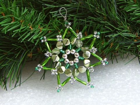 Vánoční hvězda - VAN97 dekorace originální korálky zelená vánoce sklo vánoční hvězda ozdoba stříbrná třpytivá rokajl čirá vločka tvarovky 