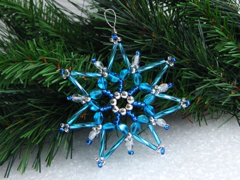 Vánoční hvězda - VAN104 dekorace originální korálky modrá vánoce sklo vánoční hvězda ozdoba stříbrná třpytivá rokajl čirá vločka tvarovky 