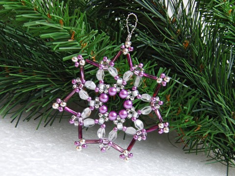 Vánoční hvězda - VAN117 dekorace originální korálky vánoce sklo fialová bílá vánoční hvězda ozdoba stříbrná třpytivá rokajl čirá vločka tvarovky 