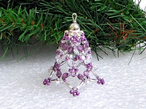 Zvoneček 3D - VAN118 dekorace originální korálky vánoce sklo fialová bílá vánoční zvoneček zvonek ozdoba nerez stříbrná rokajl čirá jemný třpytivý 