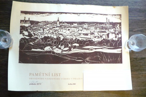 Pamětní list, linoryt, retro, 1979/ obraz list autorský linoryt pamětní signovaný 