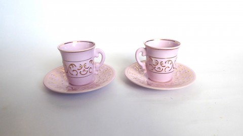 Mokka souprava, růžový porcelán hrneček káva retro souprava růžový porcelán glazura podšálek servis zlacené mokka 