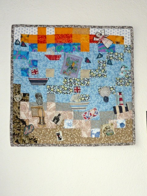 Textilní koláž obraz patchwork koláž textilní lodě.moře 