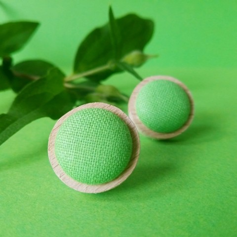 Náušnice v dřevěném lůžku dřevo zelená náušnice lístek láska léto kytka elegance ocel lísteček button hrášková buton alergie buttonky 