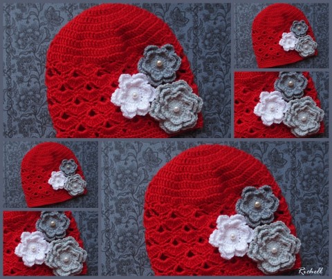 Červená květinová..... červená jarní dívčí vzdušná dámská podzimní bavlněná kytičková handmade pro holčičky s kytičkou pro miminka crochet háčkovaná čepička hat cap 