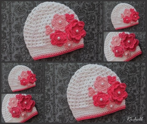 Háčkovaná čepička:Bílá květinová růžová jarní dívčí vzdušná bílá dámská podzimní bavlněná kytičková handmade pro holčičky s kytičkou pro miminka crochet háčkovaná čepička 