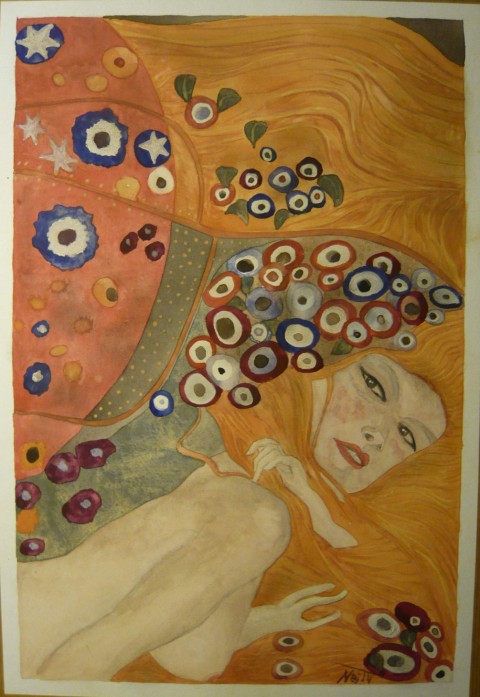 Klimtova žena II. malba květiny žena akt akvarel zrzka 