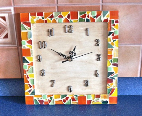 Hodiny - Babí léto dřevo sklo hodiny mozaika 