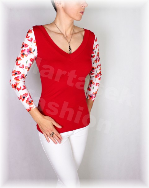 Triko vz.443 červená dárek květy bílá triko léto vzor vlčí máky 