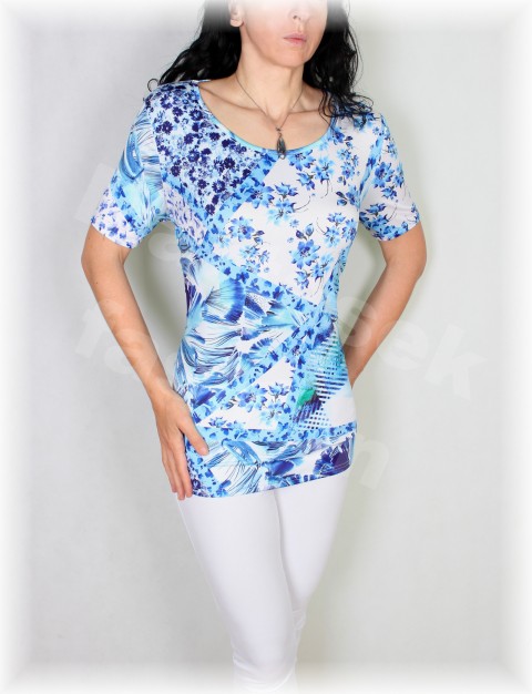 Triko luxusní úplet vz.605 modrá letní květy bílá triko růže vzor dovolená 