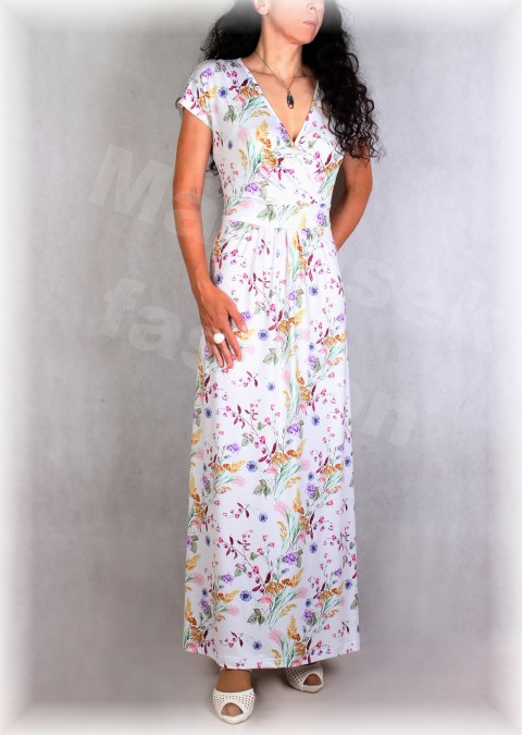 Šaty luxusní úplet vz.699 barevné růžová jarní letní květy bílá šaty svatba léto vzor oslava 