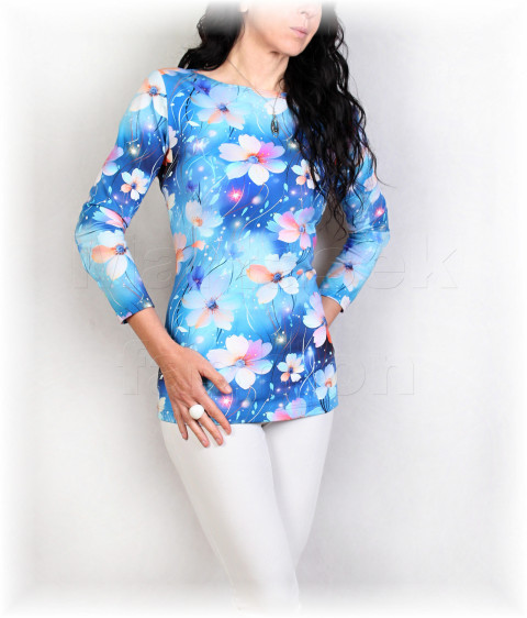 Triko vz.895 poslední modrá halenka jarní triko jaro léto tyrkysová vzor celoroční máky mramorový 