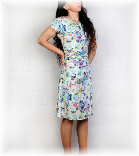 Šaty vz.929 modrá jarní letní šaty svatba léto tyrkysová řasení vzor oslava mátová těhotenské mintová barevné 