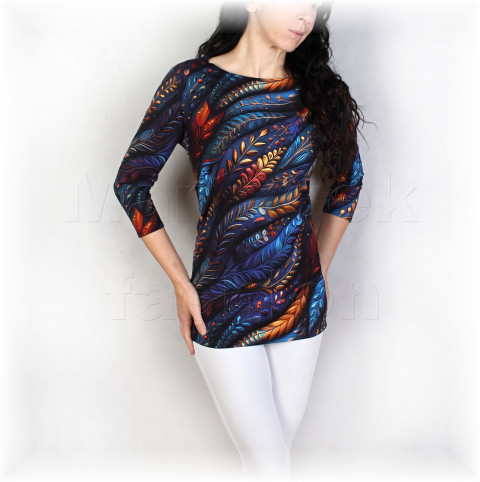 Triko vz.977  i kr.rukáv modrá halenka jarní triko jaro léto tyrkysová vzor celoroční máky mramorový 