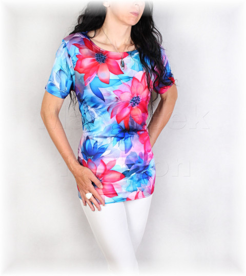 Triko vz.838 i 3/4 rukáv červená pestrobarevné modrá halenka letní květy lodička triko úpletové vínová dámské vzor dovolená 