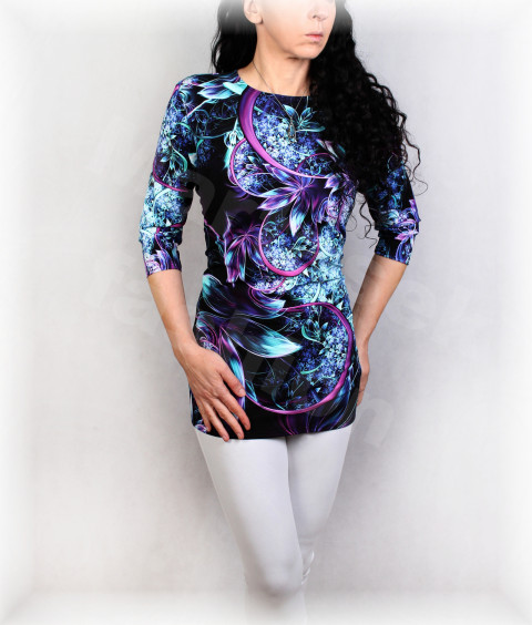 Triko vz.778  i kr.rukáv halenka fialová jarní letní černá triko úpletová léto tyrkysová řasení pestobarevné 