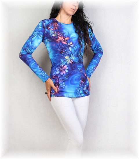 Triko vz.972 i kr.rukáv modrá halenka jarní květy triko úpletové tyrkysová dámské vzor celoroční 