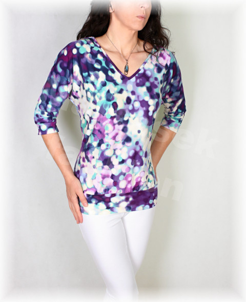 Triko vz.996 i kr.rukáv halenka fialová jarní černá triko jaro léto puntíky vzor květované bavlněné celoroční 