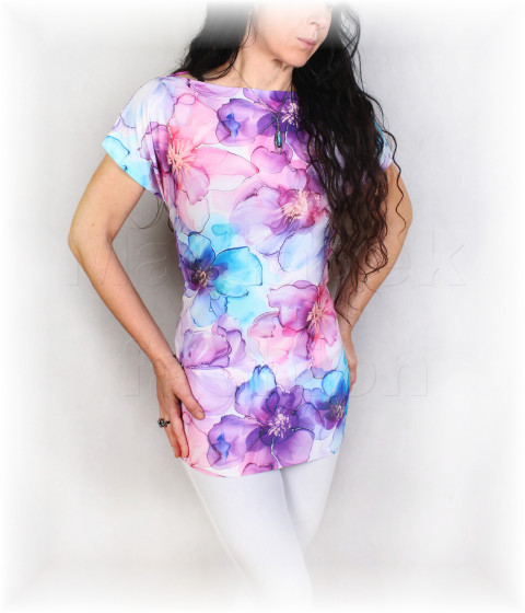 Triko vz. 953 modrá halenka fialová jarní letní květy triko jaro léto tyrkysová vzor pastelové celoroční 