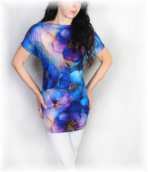 Triko vz.991 modrá halenka fialová jarní letní květy triko jaro léto tyrkysová vzor pastelové celoroční 