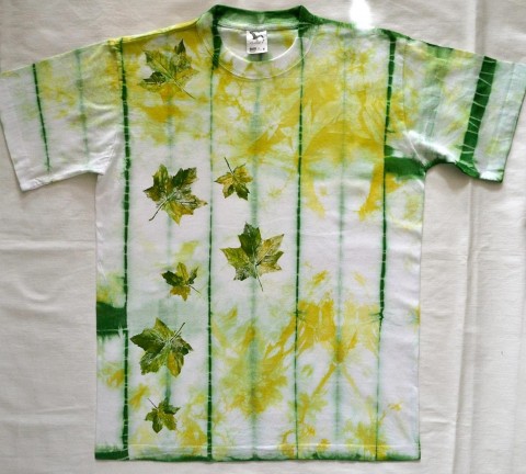 Žluto-zelené triko s listy M zelená podzim list listy bílá triko tričko podzimní razítko žlutozelená obtisk 